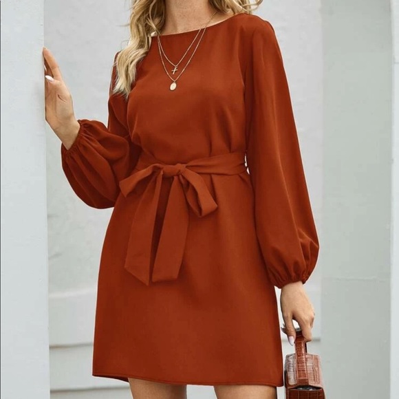 Boho lantern sleeve  belted dress rust brown - Picture 5 of 15